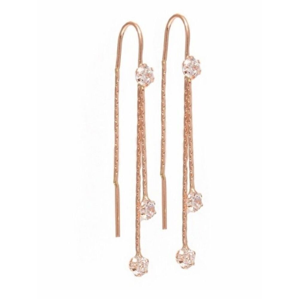 14k Rose Gold Delicate Drop Crystal Threader Earrings